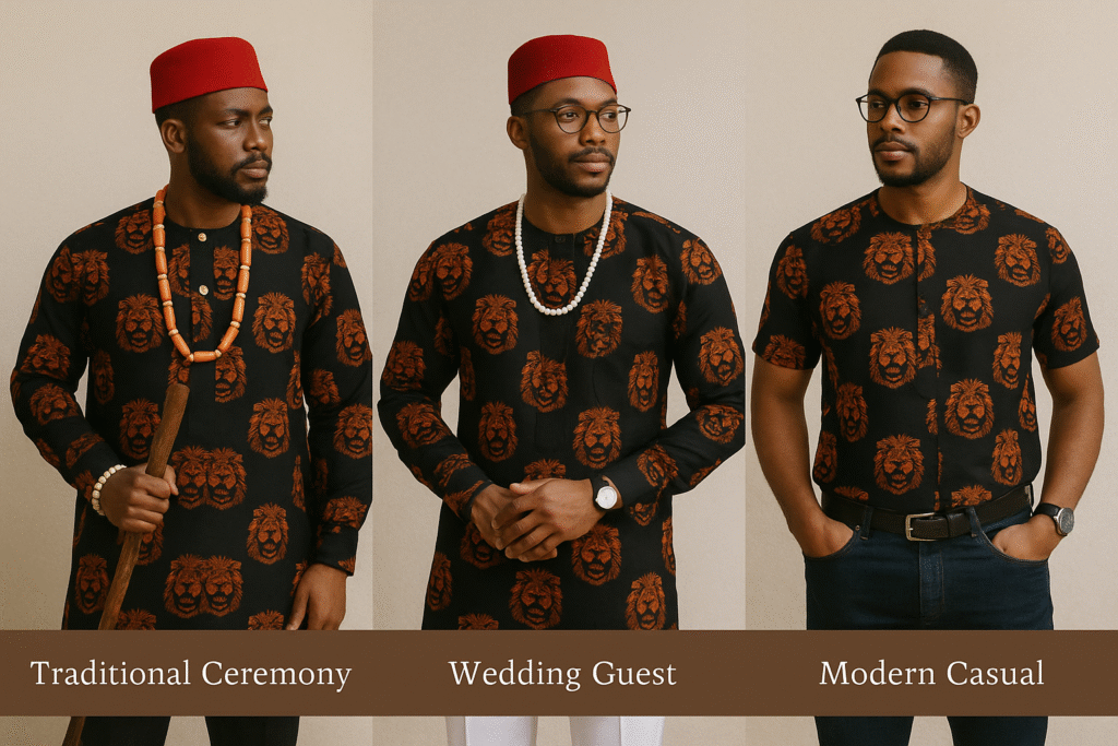 A Nigerian Igbo men dressed in a burgundy Isi Agu in three different styles, for traditional ceremony, for wedding and modern fashion
