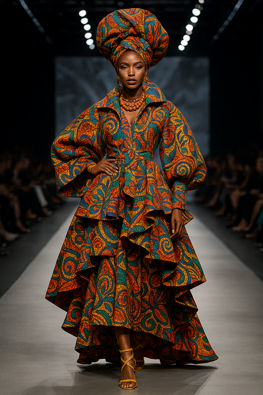 A confident African woman wearing a vibrant Afro-Maximalist outfit with layered prints and traditional accessories, symbolizing cultural pride and bold fashion.