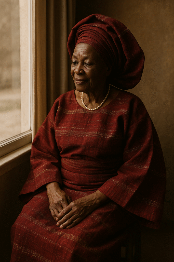 An elderly Yoruba woman dressed in a traditional Aso Oke garment, sitting gracefully by a window, symbolizing the legacy and cultural heritage of African attire.