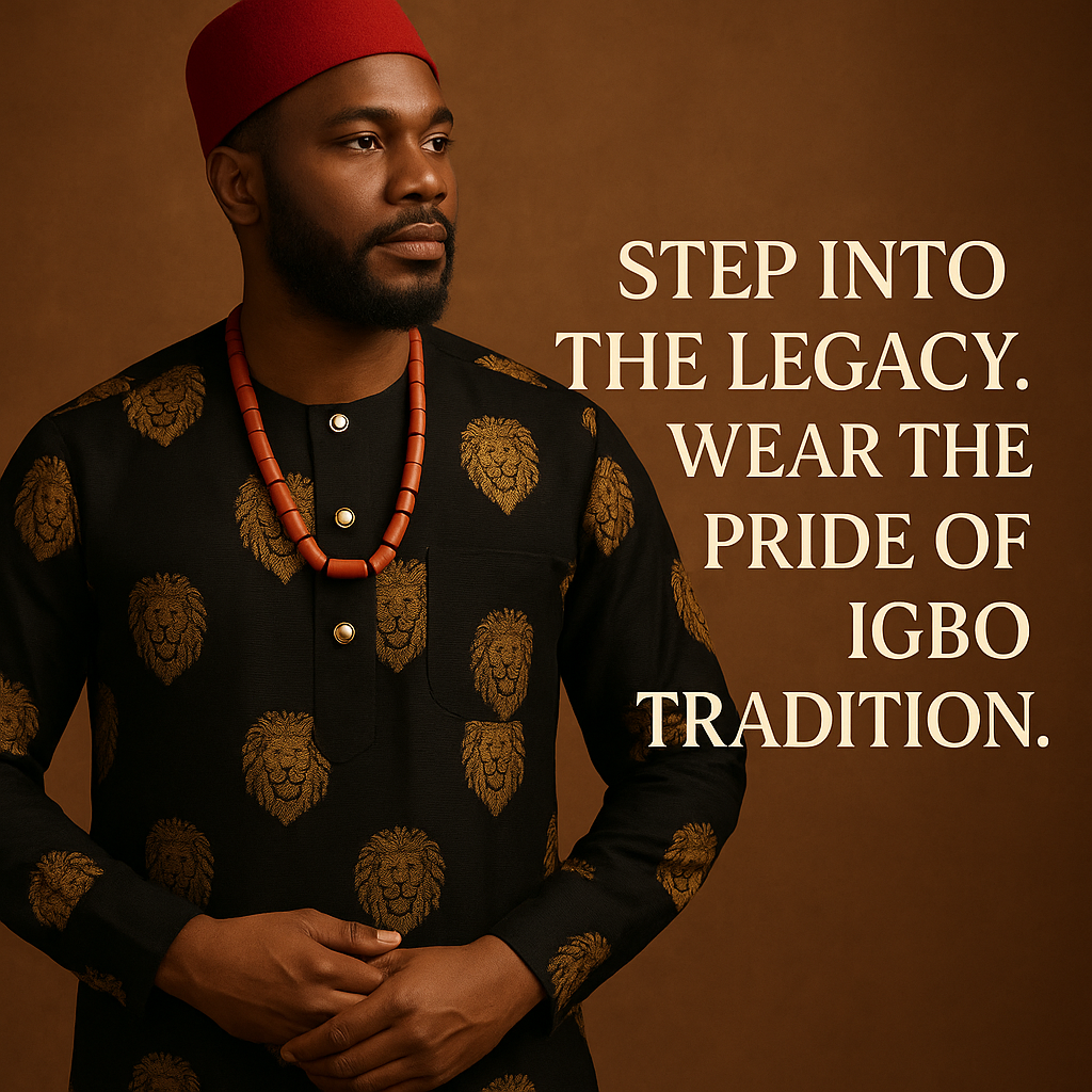 A dignified Nigerian Igbo man dressed in a traditional black Isi Agu tunic with golden lion head embroidery, paired with a red Okpu cap and coral beads, symbolizing cultural pride and heritage.