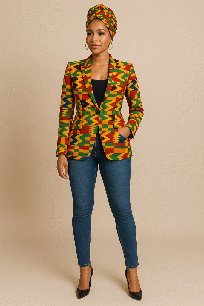 Kente blazer worn with Blue Denim jeans for summer