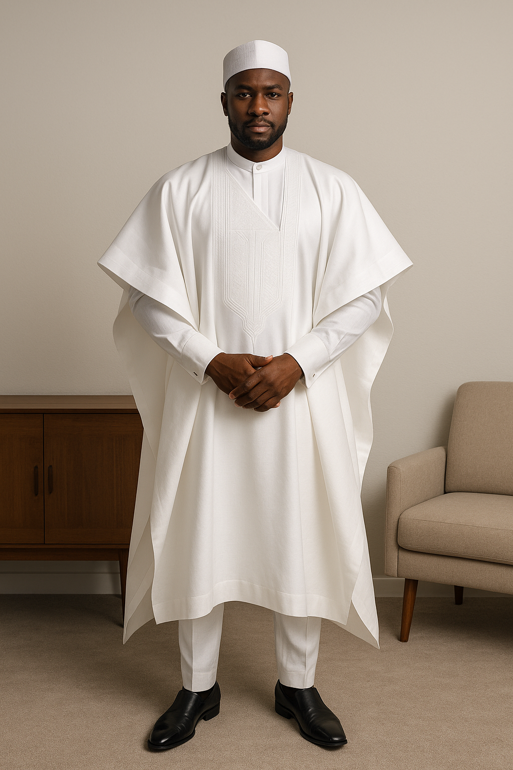 A confident Black man stands in a minimal modern room wearing a luxurious white agbada with fine embroidery and a matching fila cap.