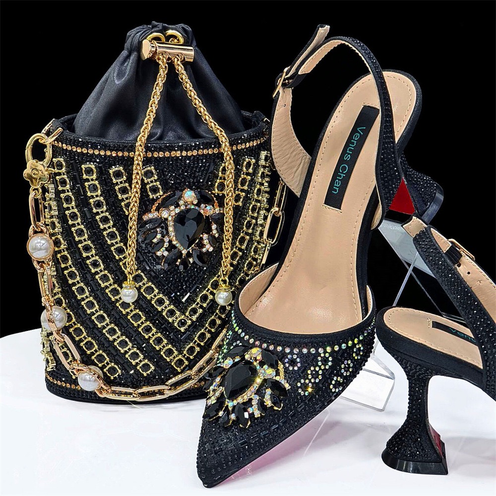 A pair of black embellished slingback heels with matching beaded drawstring bag featuring gold chains and gemstone accents