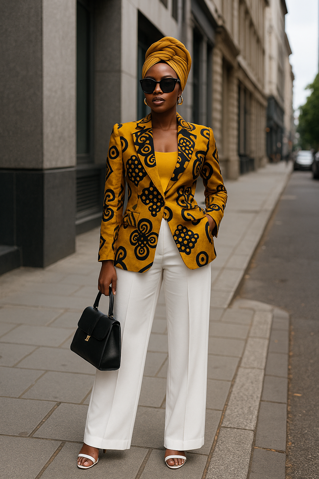 A stylish African woman in a mustard yellow Ankara blazer and white wide-leg pants, posing confidently in an urban setting, blending traditional print with modern fashion.